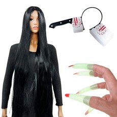 Party09 萬聖節派對用品 鬼假髮長款 黑色 + 獵奇方形刀髮箍 + 女巫指甲套組, 1套, 混合顏色