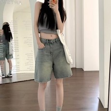 Marketpia 女款夏季高腰復古五分丹寧短褲