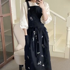 hellogem 荷葉邊花朵刺繡長版圍裙, 黑色, 1個