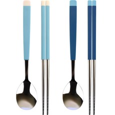 Bonheur 兒童雙人湯匙筷子組, 筷子 2雙+湯匙 2支, 1組, 天藍色+藍色