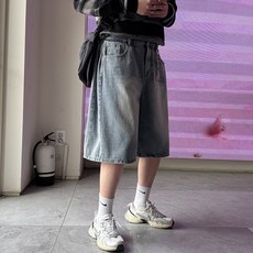 男士側邊打褶百慕達寬版牛仔褲