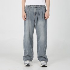 플레이즈 남성용 투핀턱 루즈핏 롱 와이드 데님 팬츠