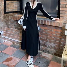 Goodif 女款V領雙線條長版連身裙 含大尺碼, 黑色