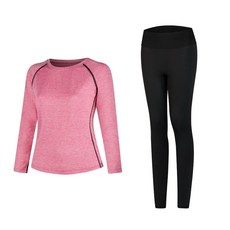 女款時尚瑜伽長袖T恤 粉色+內搭褲組