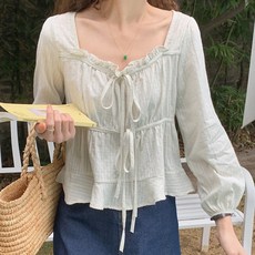 TANIZ 女款方領荷葉邊綁帶襯衫