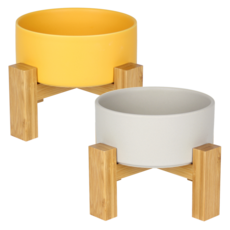 meongzi 2層陶瓷餵食碗組 2入 S號, 灰色, 黃色, 1套