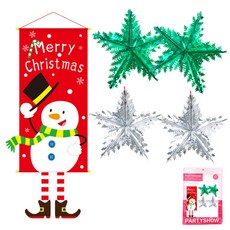 Party Show Christmas Banner 掛棒雪人+銀箔鑲嵌手機綠2p+銀2p一套, 混色