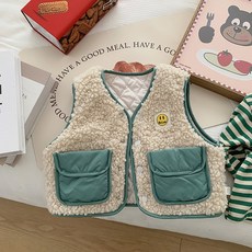 BEBENIZ 孩童微笑標籤刺繡圖案雙口袋按扣刷毛無袖背心