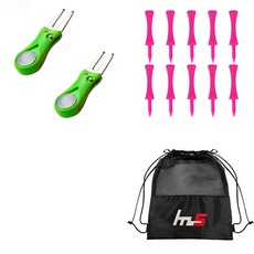 NAYASTYLE 高爾夫果嶺叉修補器 淺綠色 2入 + PE 高爾夫標準球Tee 粉紅色 10入 + 收納袋套組 GFYP-38-4 169-5PU, 混合色