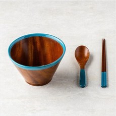 INHYUN Gongbang 漆器自然色彩禮品組, 烏龍麵湯匙 + 筷子 + 麵碗 + 收納盒 + 禮品包裝, 藍色, 1套
