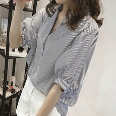 앤드스타일 여성용 반오픈카라 스트라이프 셔츠 260845