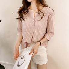 Dubom 女款寬鬆條紋休閒襯衫