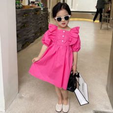 奧蘭奇達姆 女童鈕扣翅膀粉色泡泡袖連身裙