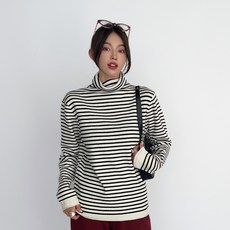 더시럽 여성용 단색 솔리드 스트라이프 하이넥 폴라 니트