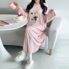 앤드스타일 여성용 빅사이즈 파이브보드곰 긴팔 잠옷 원피스 263326