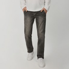 Guystory 男款大尺碼隱藏式鬆緊帶錐形直筒水洗路易斯丹寧褲