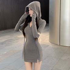 PEONIST 顯瘦V領連帽洋裝, 灰色