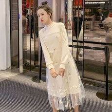 孕婦花朵刺繡長袖網紗連身裙