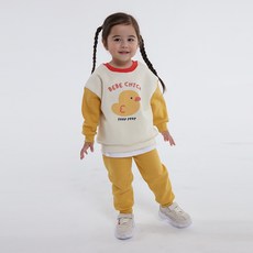 童款小鴨圖案拼色刷毛長袖上衣+縮口長褲套裝