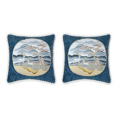 라운드 테두리 동양화 스타일 자수 쿠션커버 2p