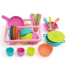 PLAYMAX 廚房餐具28件 + 餐具瀝水架 扮家家酒遊戲組, B款(廚房餐具28件), 粉紅色(餐具瀝水架), 1個