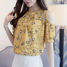 묘먀미 여성용 어깨트임 플라워줄기 홀터넥 쉬폰 블라우스 MMM120