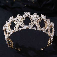 LUNA GLAM 自助婚紗 白色鑽石珍珠圓形皇冠 H1324, 1個, 金色(WDG363)