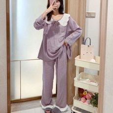 女款孕婦哺乳可能側鈕扣型睡衣睡衣上下套裝