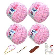 행복뜨기 슈퍼베이비 뜨개실 4p + 바늘 6mm + 돗바늘 + 가죽 라벨 + 목도리 도안 세트, 1세트, 파스텔연분홍