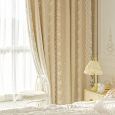 G&Y 皇家隔熱遮光蕾絲魔鬼氈雙層窗簾, 米色