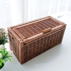 MAISONINDAHRATTANSHOP 藤編長方形附蓋藤籃, 1個, 棕色