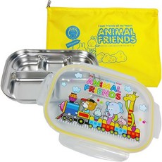 Animal Friends 不鏽鋼鎖扣餐盤便當盒組, 餐盤+蓋子+袋子, 1組, 混色