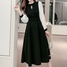 Elsso 顯瘦蝴蝶結撞色長袖連身裙, 黑色