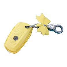 하마테 리본 큐빅장식 BMW 스마트키 가죽 케이스 B타입 + 키홀더 세트, 옐로우, HMBM_B020