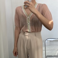 뜨개진 여성용 펀칭 스카시 배색 블루밍 반팔 가디건