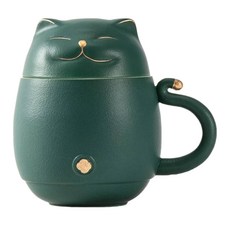 貓咪馬克杯 含杯蓋 茶濾 牛皮盒, 1組, 綠色