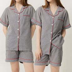 테라우드 여성용 냉감 통기성 면 체크 시어서커 반팔 잠옷 상하의 2p 세트
