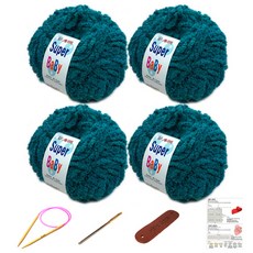행복뜨기 슈퍼베이비 뜨개실 4p + 바늘 6mm + 돗바늘 + 가죽 라벨 + 목도리 도안 세트, 1세트, 청록
