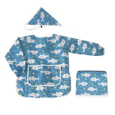 bebe chouette 孩童印花長袖美術圍裙+頭巾+收納袋, 鯊魚