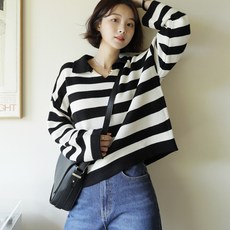 BBAEBBAE 女款開領條紋微短版針織T恤