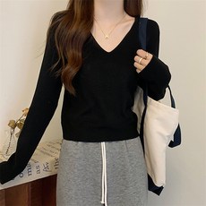 레몬소울 여성용 뉴터 골지 브이넥 긴팔 니트 티셔츠