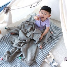 hwamo baby 兒童睡墊+棉紗毯+枕頭組, 灰色格紋款