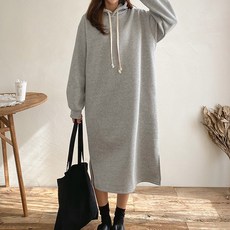 女款刷絨長袖連帽連身長裙, 灰色