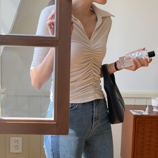 린다샵 여성용 치덴스 앞셔링 어깨패드 카라 반팔 티셔츠 cpt12421k33