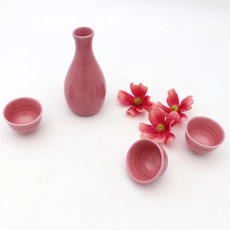 月鹽 韓國製手工陶瓷螺旋紋粉紅酒瓶酒杯組, 酒瓶 + 酒杯 3入, 1套