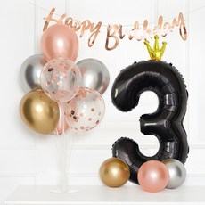 joyparty 皇冠數字氣球 + 氣球支架 + 生日掛旗套組 黑色調 3, 1套, 混合色