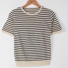 빼빼 여성용 라운드넥 스트라이프 반팔 니트 티셔츠