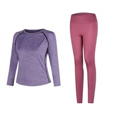 女款時尚瑜伽長袖T恤 紫色+短褲內搭褲組