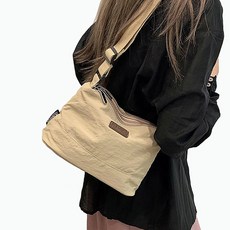 MissBaek 女用3way分層收納尼龍抽繩斜背包, 米色