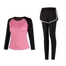 女款時尚瑜伽長袖T恤+短褲內搭褲組